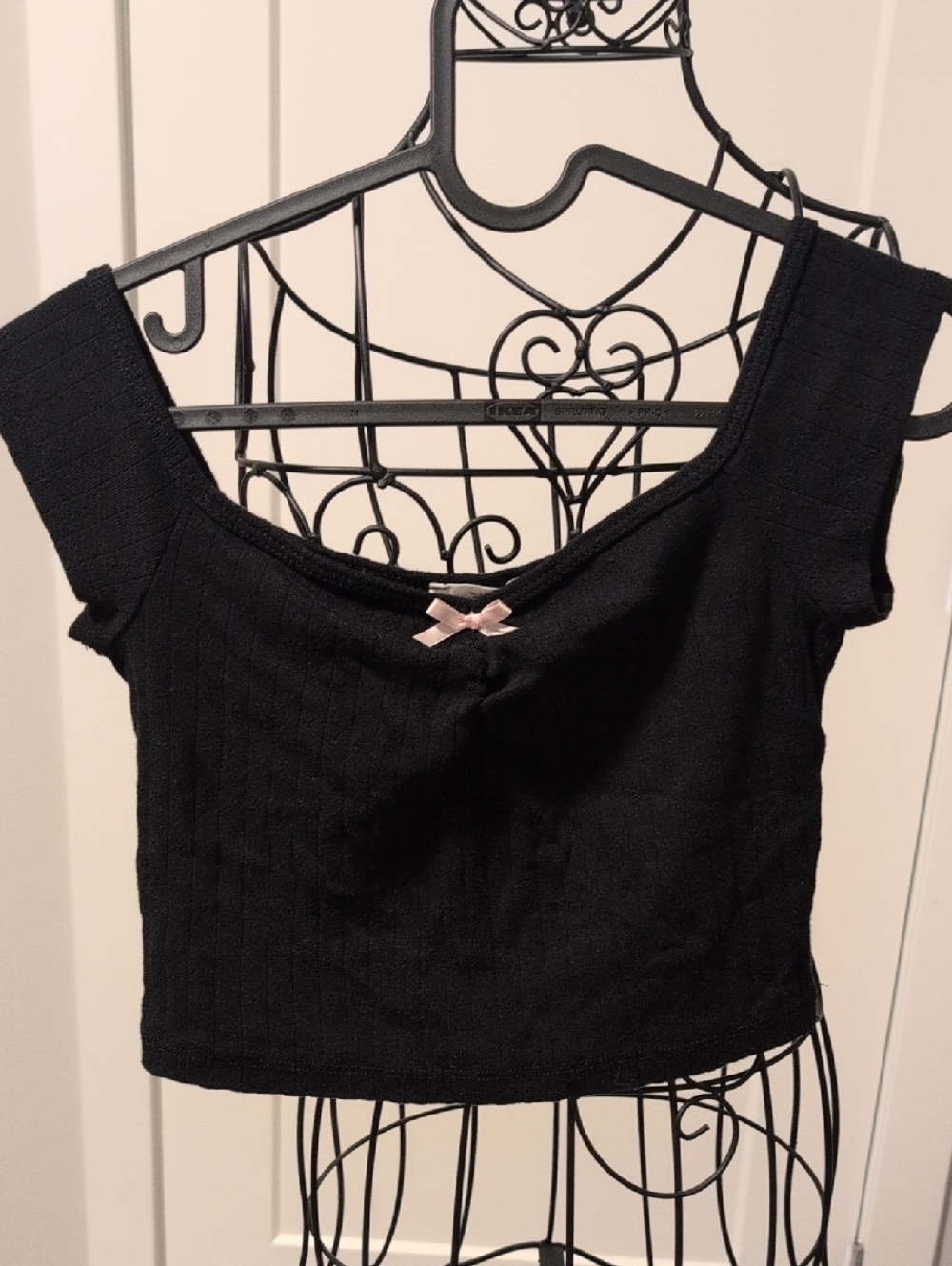 Live in the Moment Black Ribbed Coquette Bow Crop Top - S